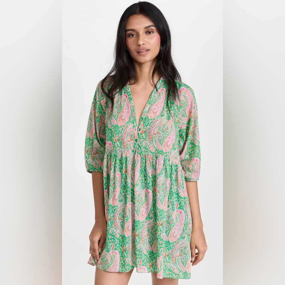 ba&sh Odeon robe dress green paisley print half button down boho beach lined